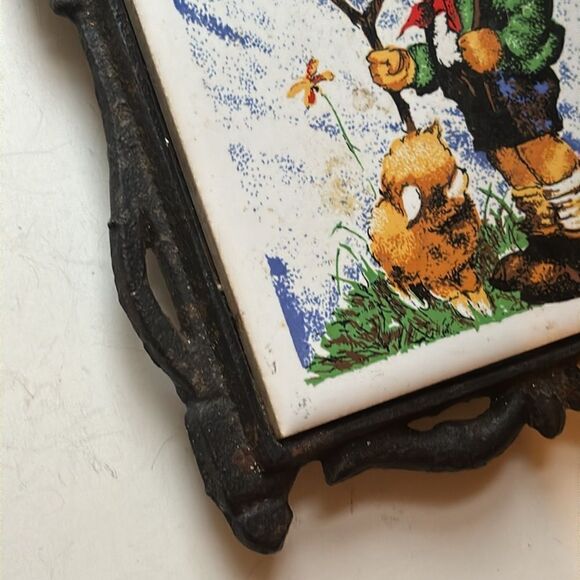 Vintage Decor Seven Star Tile Cast Iron Trivet with Little Boy and Sheep - Picture 2 of 6